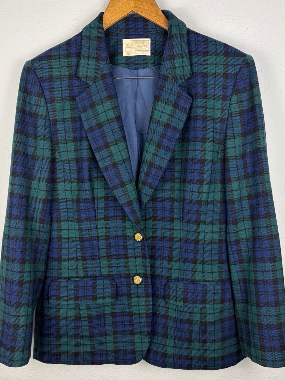 Vintage Pendleton Black Watch Plaid Wool Blazer Size 8 Made in USA